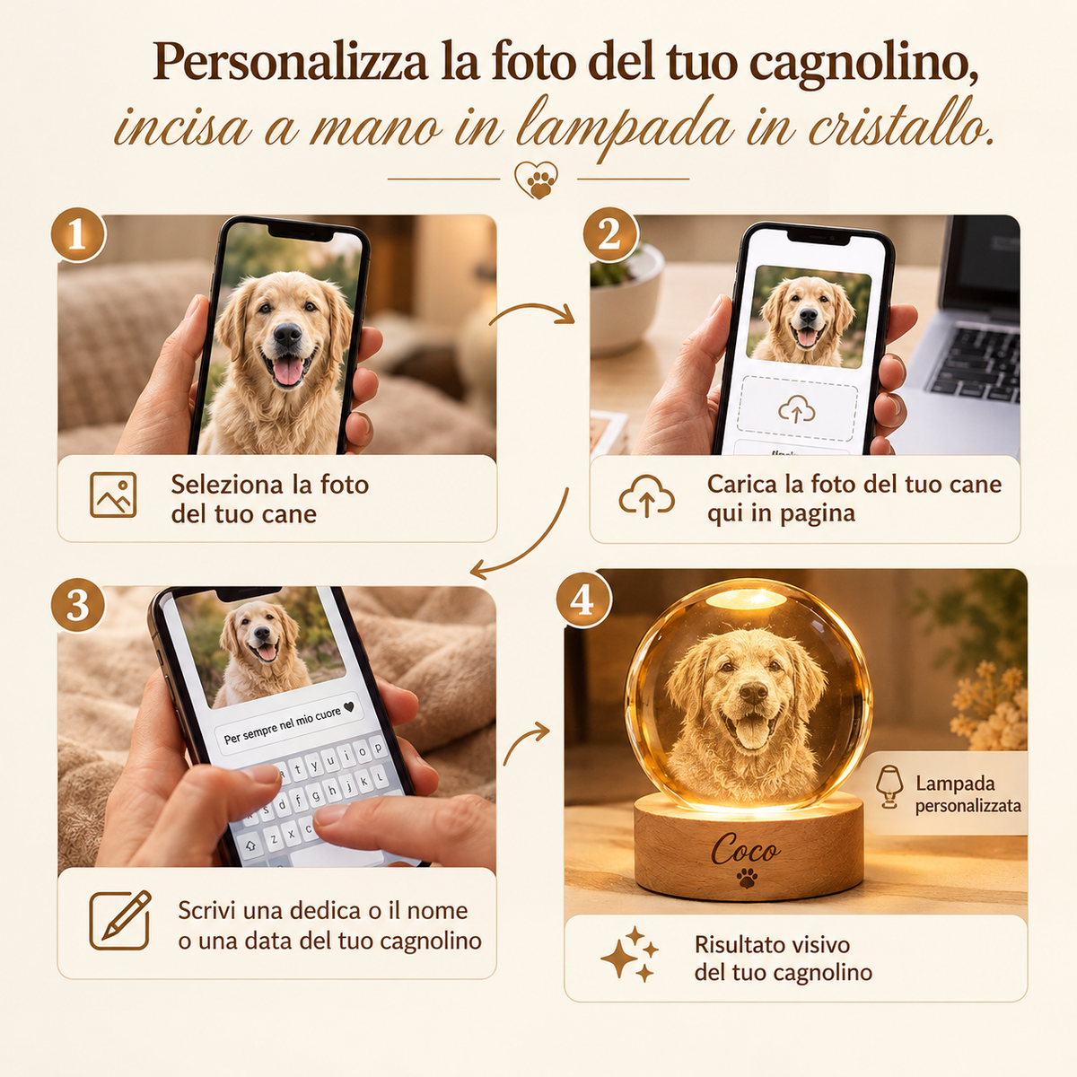 Come personalizzare una lampada in cristallo con la foto del cane: scelta della foto, dedica e risultato illuminato