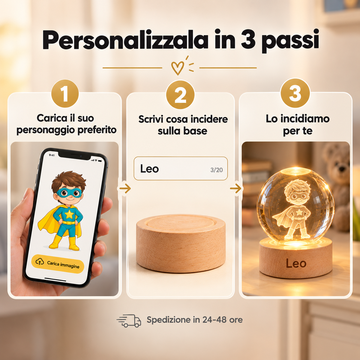 Luce Notturna per Bambini in Cristallo con Nome Inciso – Notti Serene con il Suo Personaggio