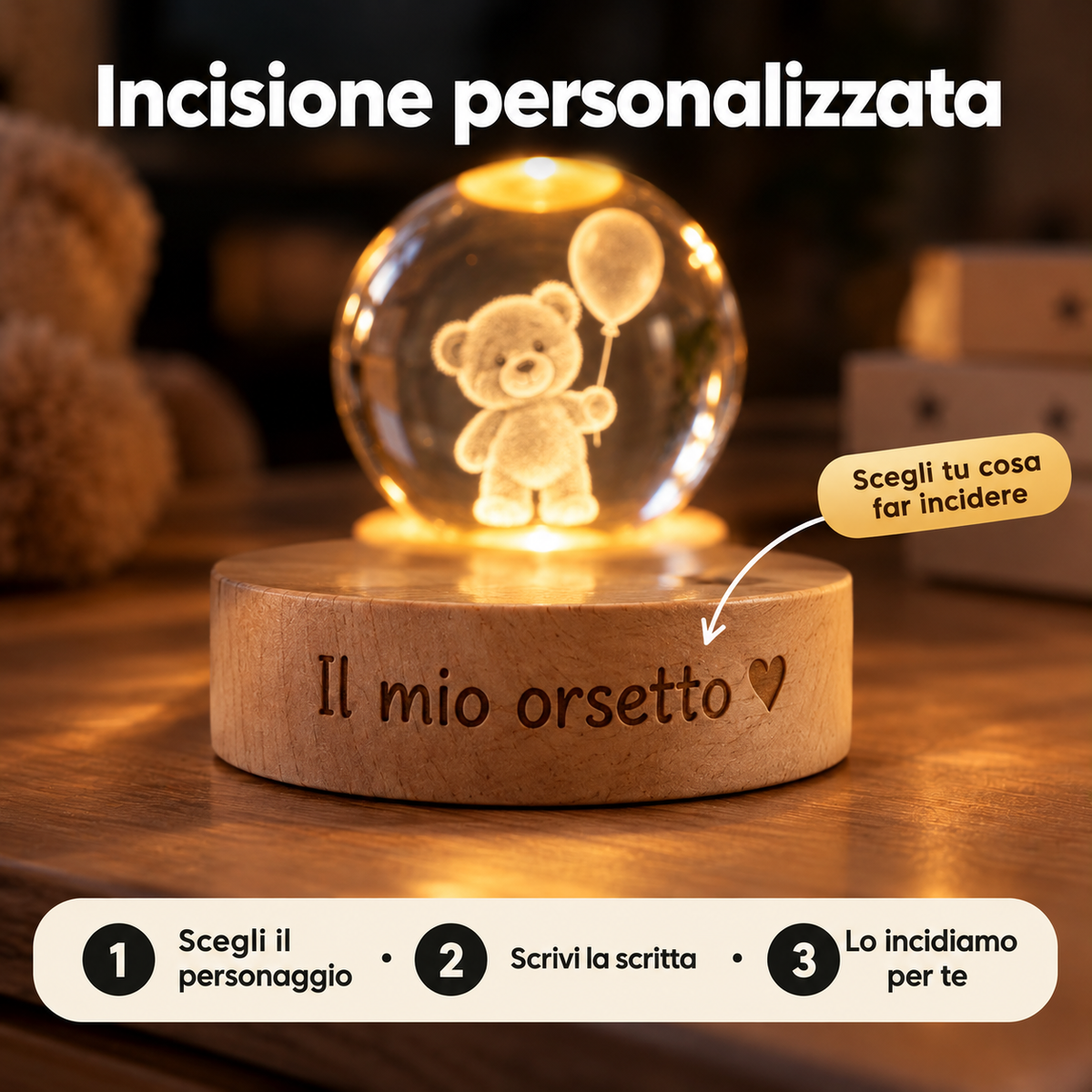 Luce Notturna per Bambini in Cristallo con Nome Inciso – Notti Serene con il Suo Personaggio